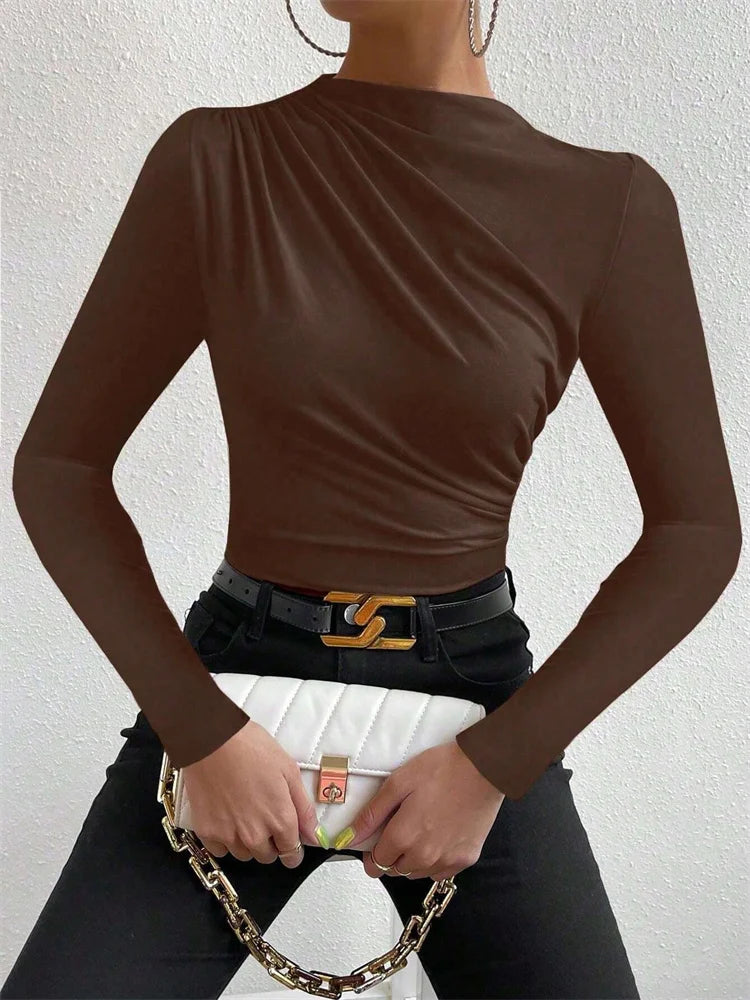 Casual Pleated Mock Neck Long Sleeve T-shirt for Women Autumn Winter Spring Solid Color Ruched Skinny Slim Fit Blouse Top Tshirt