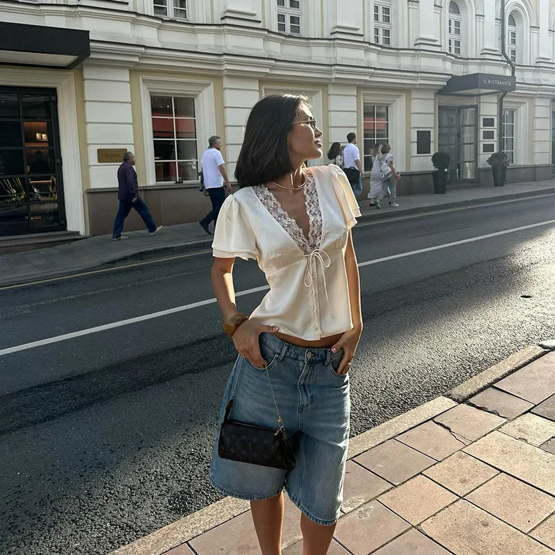 Lace Patchwork Solid Short Sleeve Tops for Women V Neck Lace Splicing Straps Skinny T-shirt Female Elegant Casual Slim Fit Tees