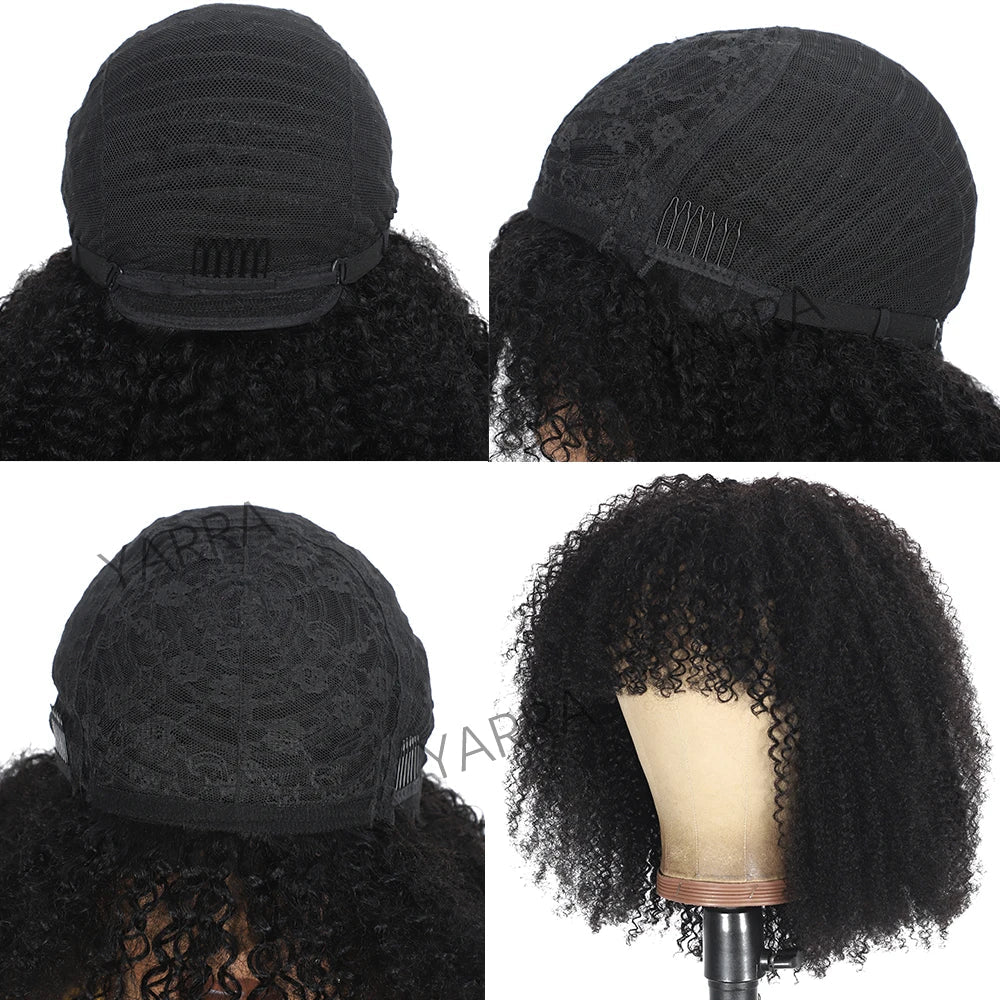 Afro Kinky Curly Human Hair Wig With Bangs For Black Women 180% Density Glueless Brazilian Remy Full Machine Made Hair Yarra