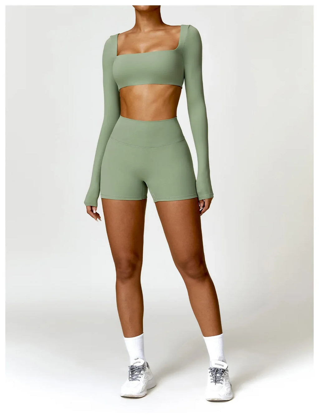 Hearuisavy Summer Casual Quick Dry Sportswear Women Square Neck Gym Top Women Fitness Sports Crop Top Long Sleeve Yoga Clothing