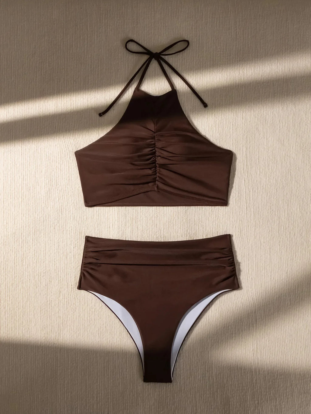 Sexy Halter Pleate Bikini Set 2025 Women Coffee Push Up Crop Top with High Waist Swimsuit Summer Holiday Bathing Suit Swimwear