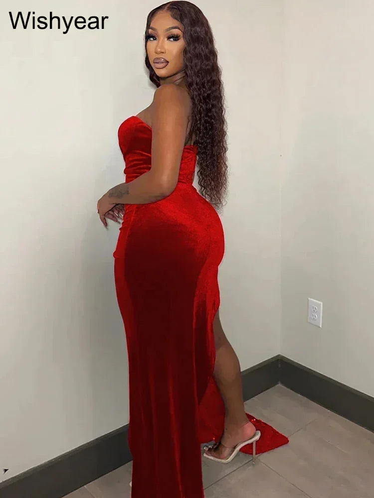 Wishyear Elegant Sparkly Bodycon Long Dresses with Trail Christmas Birthday Dress for Women Sequin Velvet Maxi Evening Vestidos