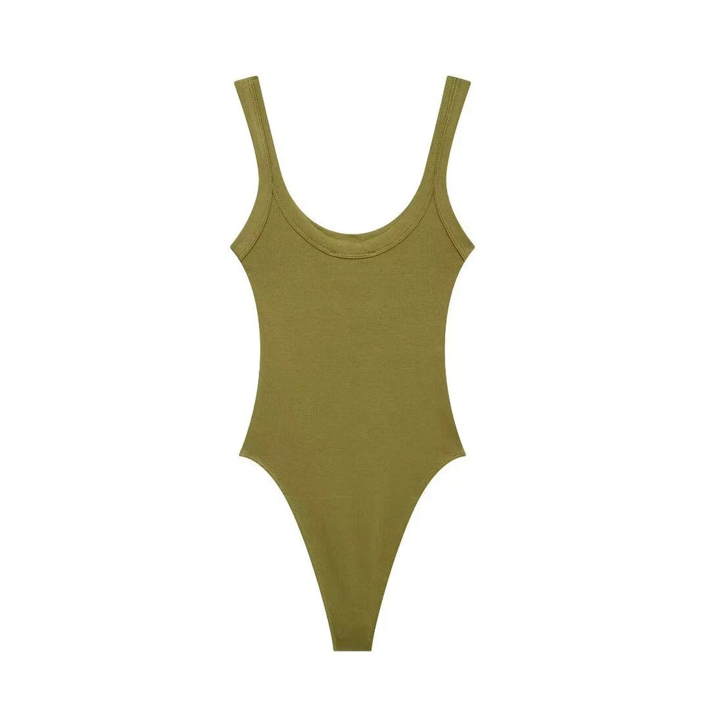 Women's Skinny Ribbed O-Neck Bodysuits with Straps Snap-Button Sexy Fashion Playsuits Comfortable Stretchy Female Clothing