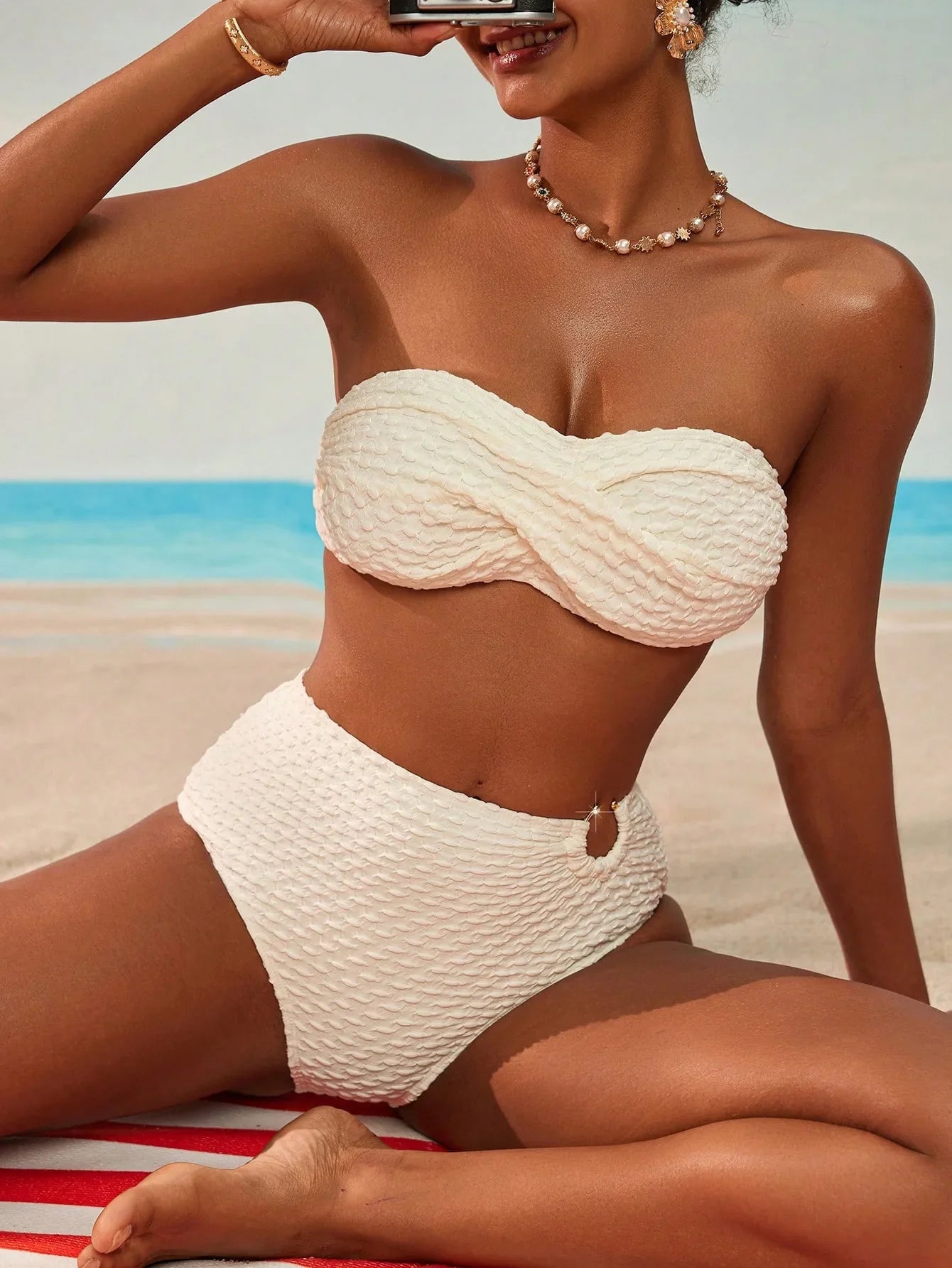 2026 2Pcs Sexy Bikinis Set Women High Waist Strapless Push Up Bra Solid Color Knot Padded Bras Briefs Bikini Swimwear Swimsuit