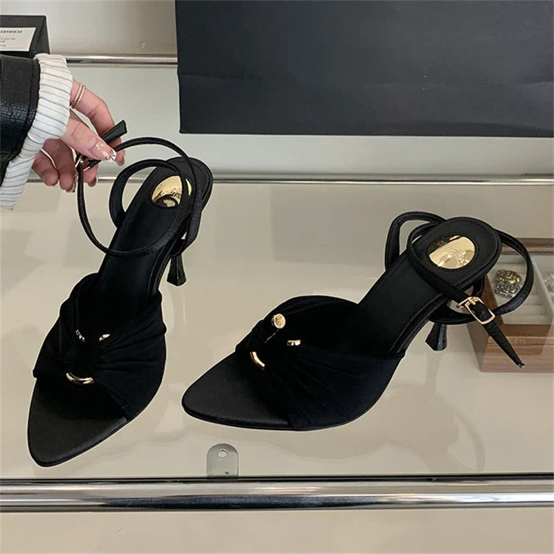 Eilyken Summer Fashion Thin Heels Pleated Hollow Out Buckle Strap Women Sandals Pointed Toe Banquet Party Female Shoes  6CM 9CM