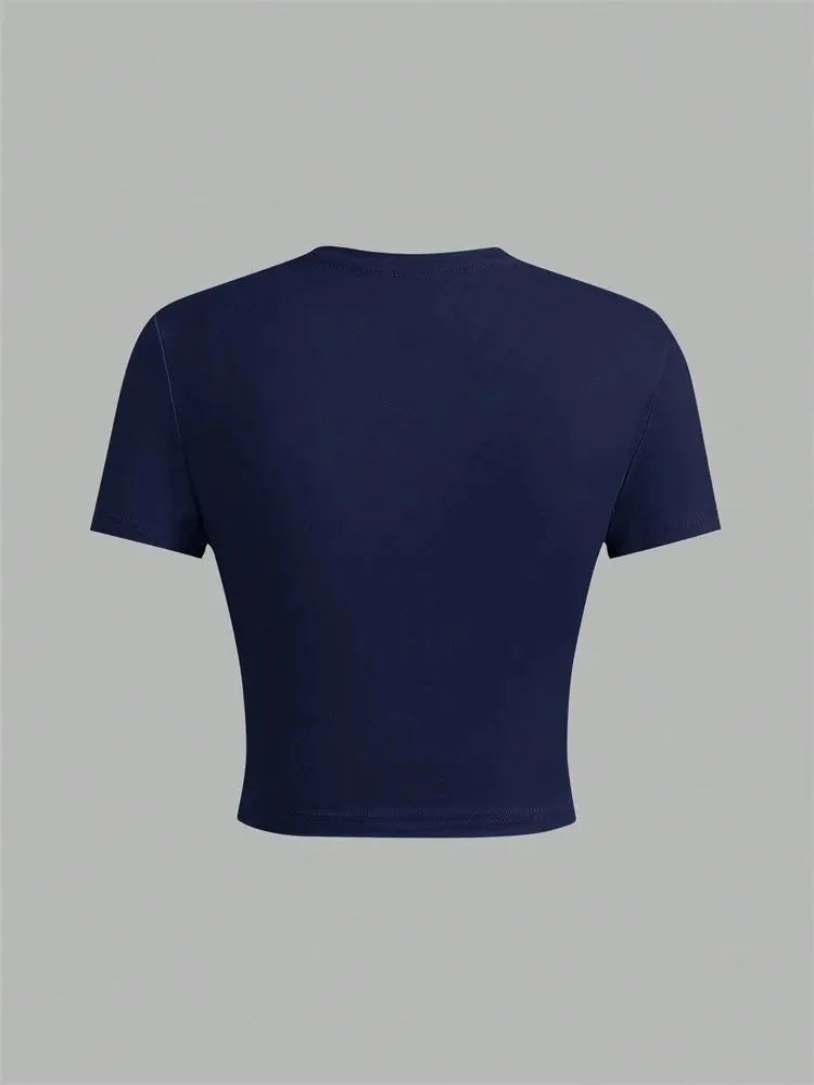 Solid Color Basic Cropped Tshirts for Women Casual Round Neck Short Sleeve Crop Top Summer Slim Fit Tee Shirt Streetwear