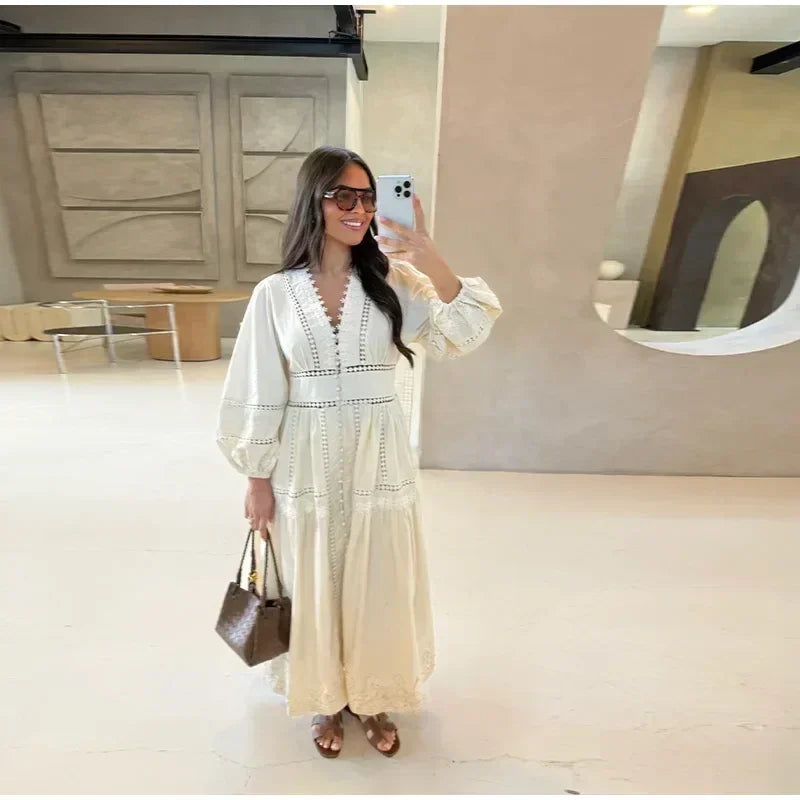 Elegant Lace Patchwork Hollow Out Dress Women Solid V-neck Long Lantern Sleeve Loose Dresses 2025 Spring Vacation Lady Robes
