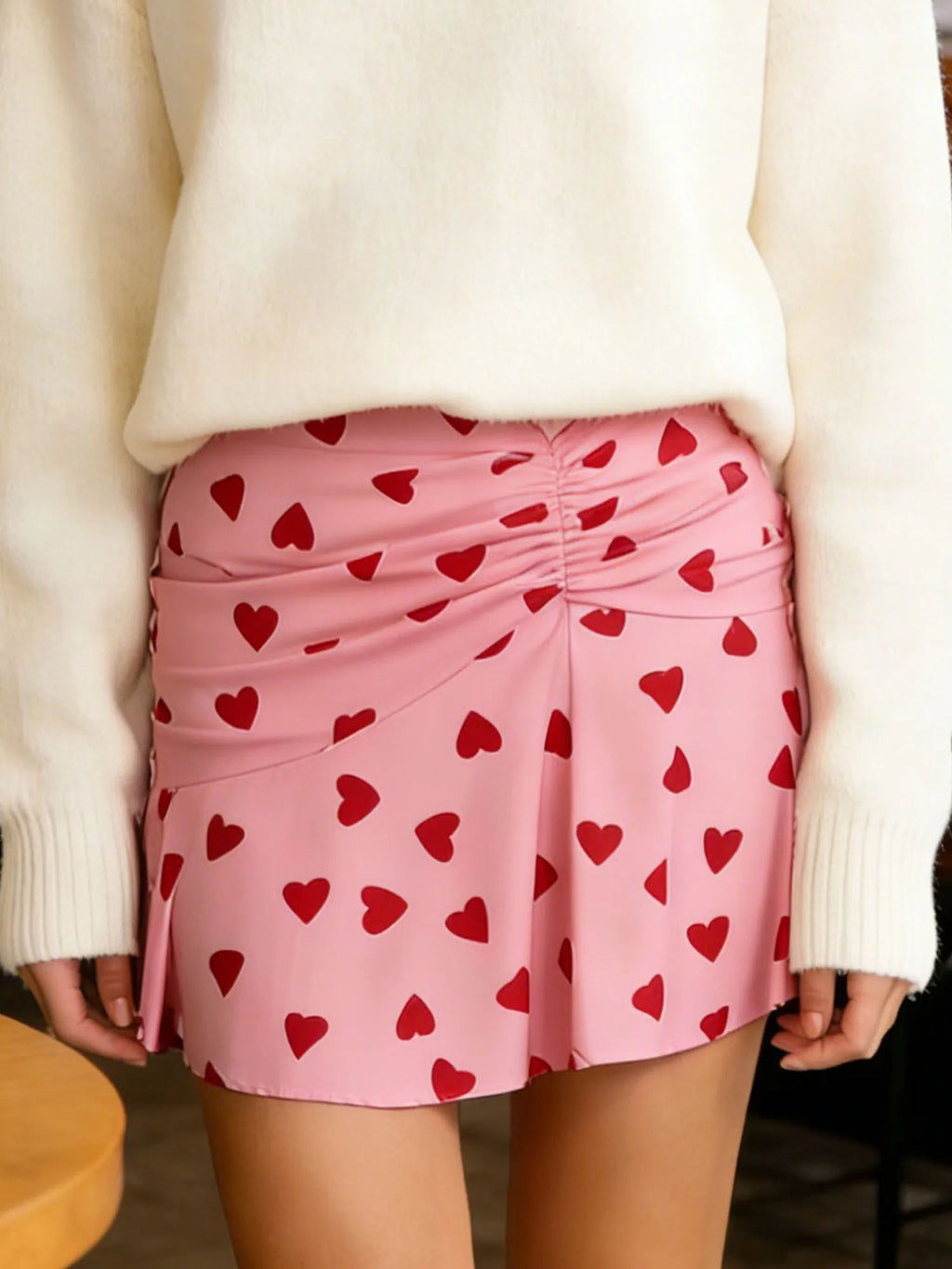 Women Heart Print Ruched Skirt Fashion Streetwear Casual Mini Skirt Valentine'S Day Mini Skirts High Waist Skirts Streetwear