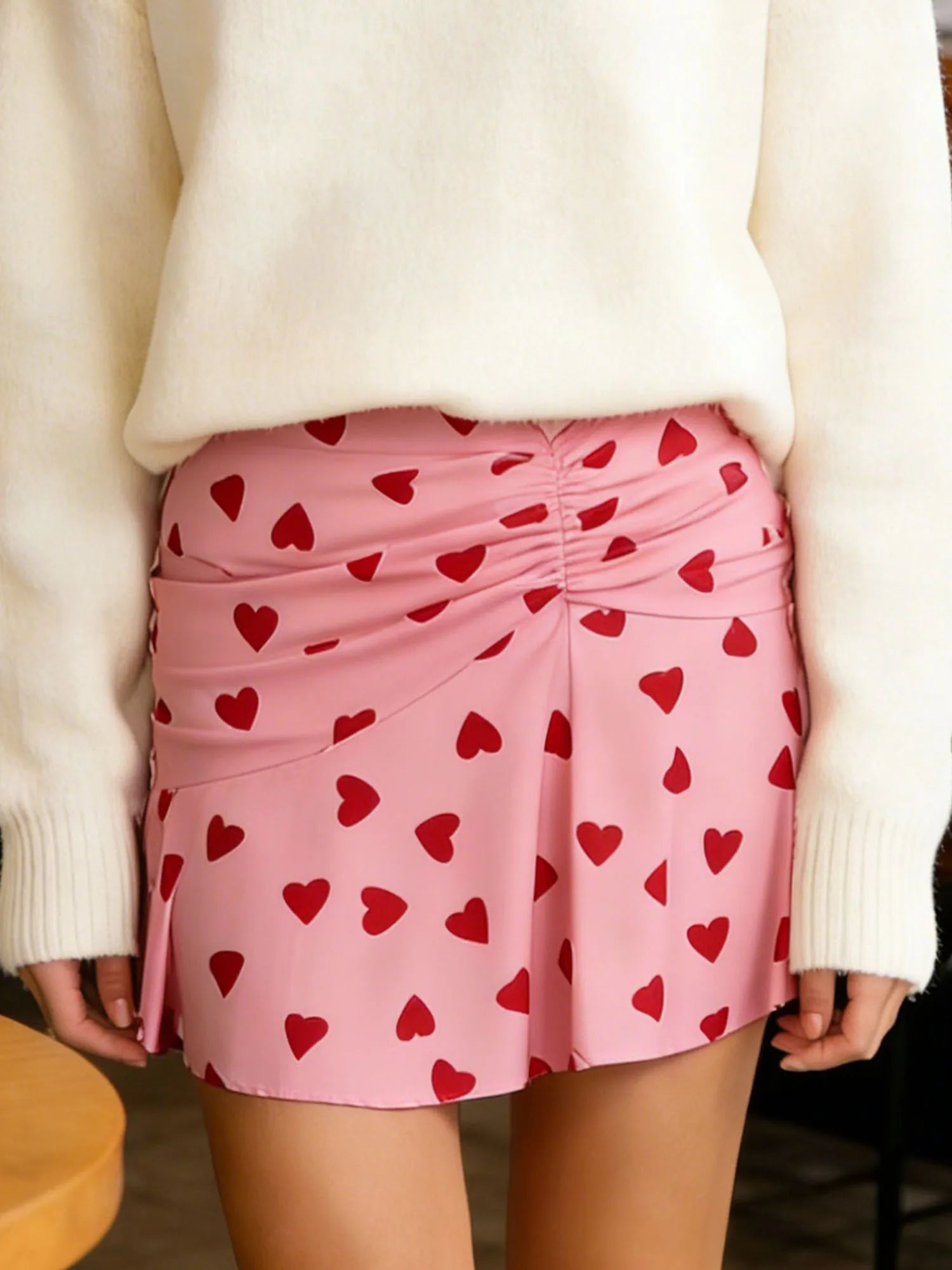 Women Heart Print Ruched Skirt Fashion Streetwear Casual Mini Skirt Valentine'S Day Mini Skirts High Waist Skirts Streetwear