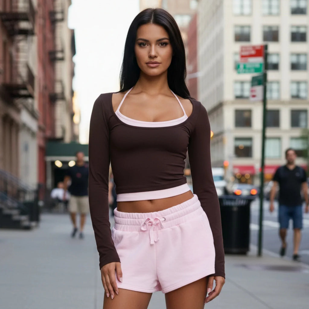Women Spring Fall Basic Tops Long Sleeve Square Neckline T-shirts with Cream Trim Stylish Streetwear