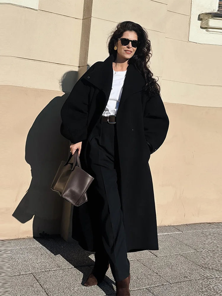 Women's Elegant Faux Suede Long Jacket Stand Collar Bat Sleeve Solid Overcoat Outwears 2025 Autumn Winter Female Streetwears