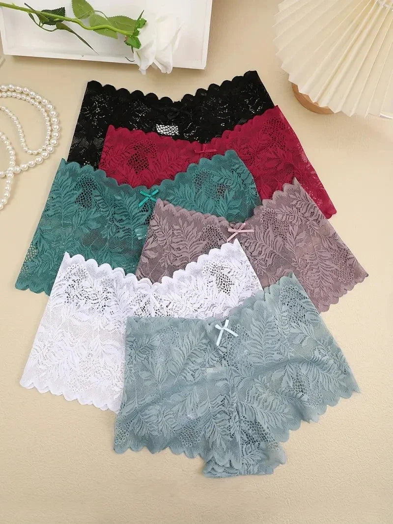 6PCS Women Lace Boxers Briefs Sexy Seamless Breathable Low Waist Female Underwear Solid Color Intimates High Elastic Lingerie