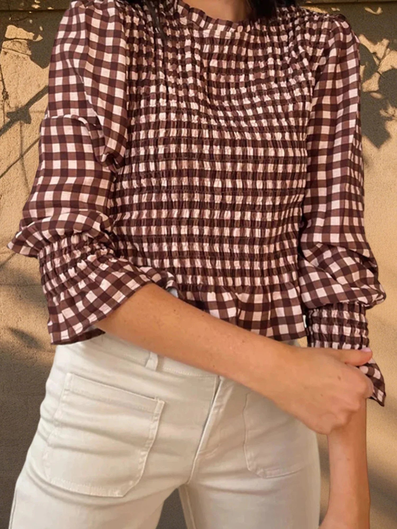Women Fashionable Casual Round Neck Smocked Bubble 3/4 Sleeve Tops Summer Fall Plaid Print Ruffled T-shirts