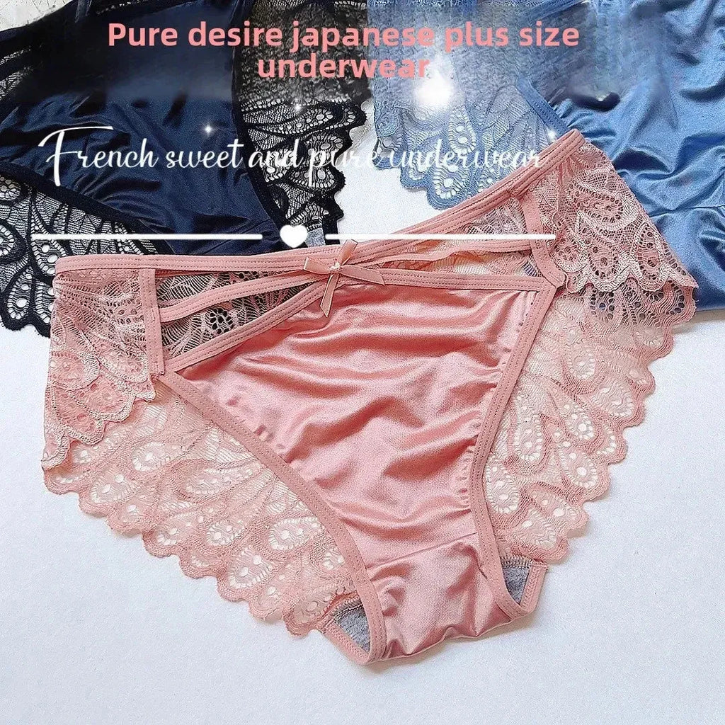 Plus Size Silk Shorts Sexy Lady Lace Hollow Breathable Satin Panties Women