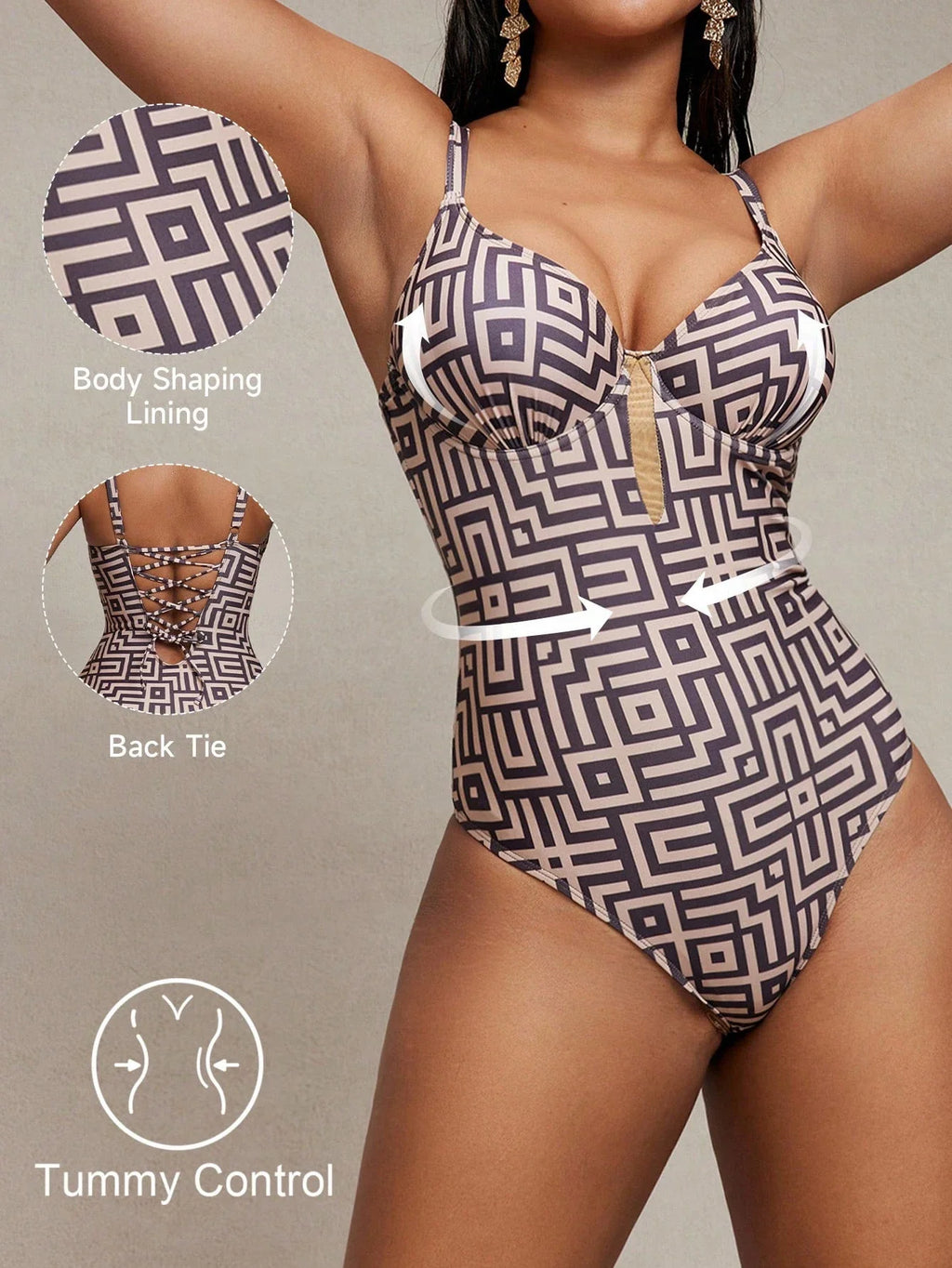 Sexy Coffee Geometry Print One Piece Swimsuit 2026 Women Underwire Push Up Bandage Back Cross Slim Fit Bathing Suit Swimwear