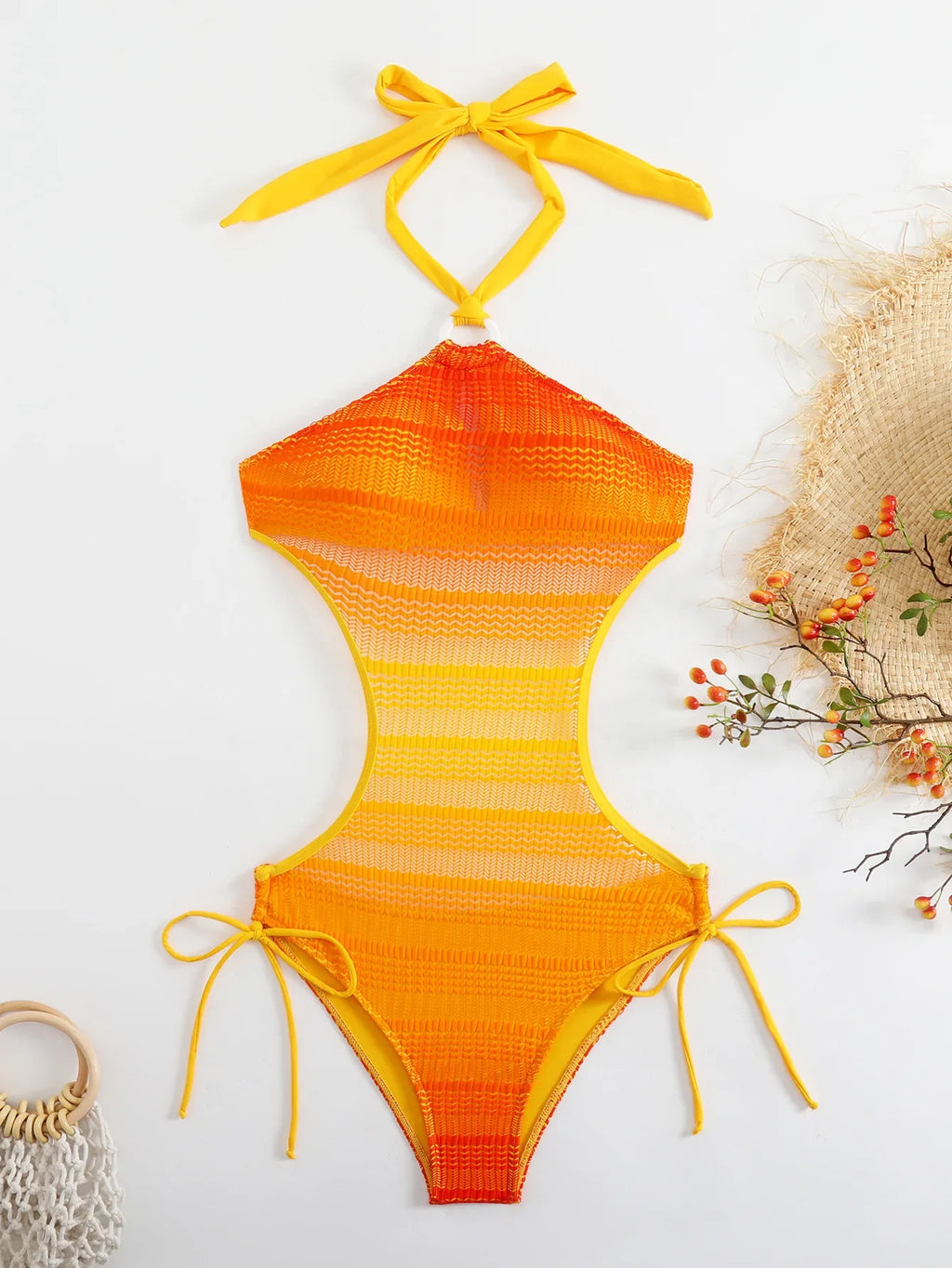 Sexy Orange Gradient Swimsuit Women Hollow Out Backless Lace One Piece Swimwear 2025 Beach Bathing Suit Drawstring Side Monokini