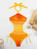 Sexy Orange Gradient Swimsuit Women Hollow Out Backless Lace One Piece Swimwear 2025 Beach Bathing Suit Drawstring Side Monokini