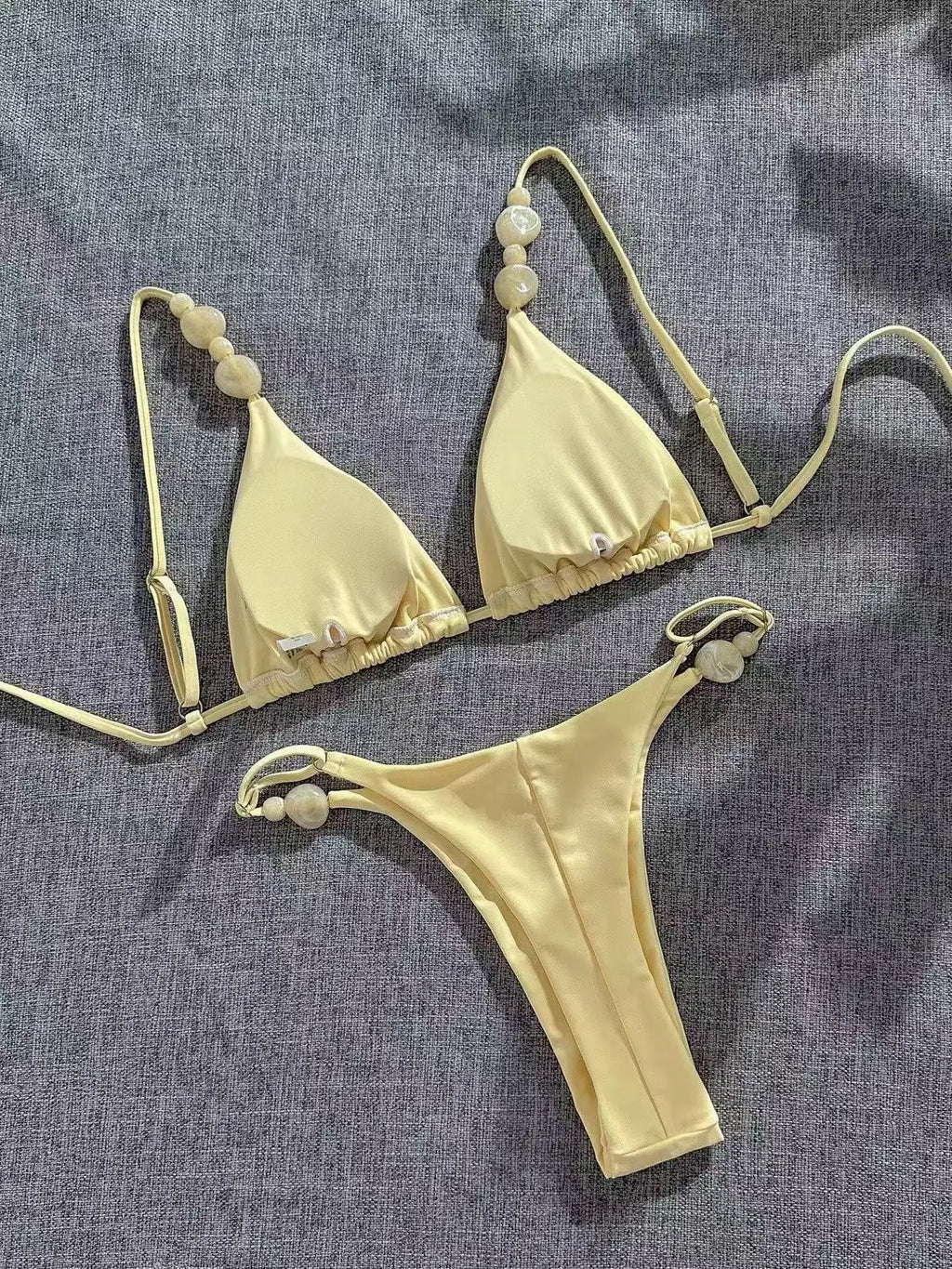 Sexy Pearls Strap Micro Bikini 2026 Women Yellow Halter Push Up Bra Pleate Thong Swimsuit Beach Bathing Suit Vacation Swimwear
