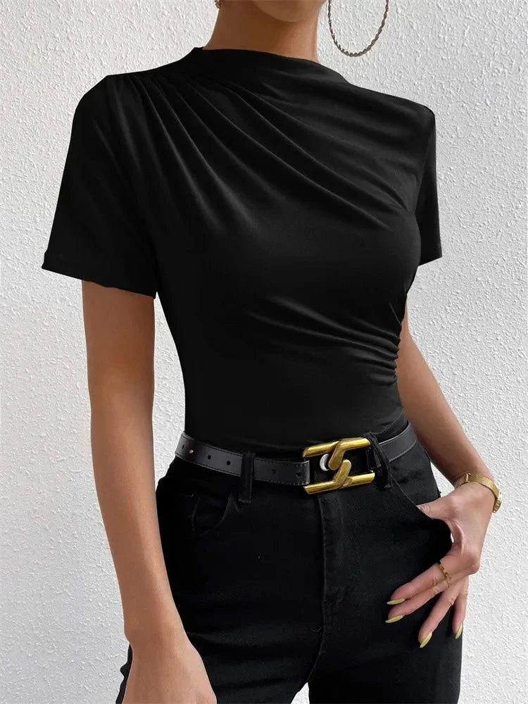 Women Short Sleeve Pleated T-shirt Summer Casual Slim Fit Mock Neck Ruched Tee Top Streetwear