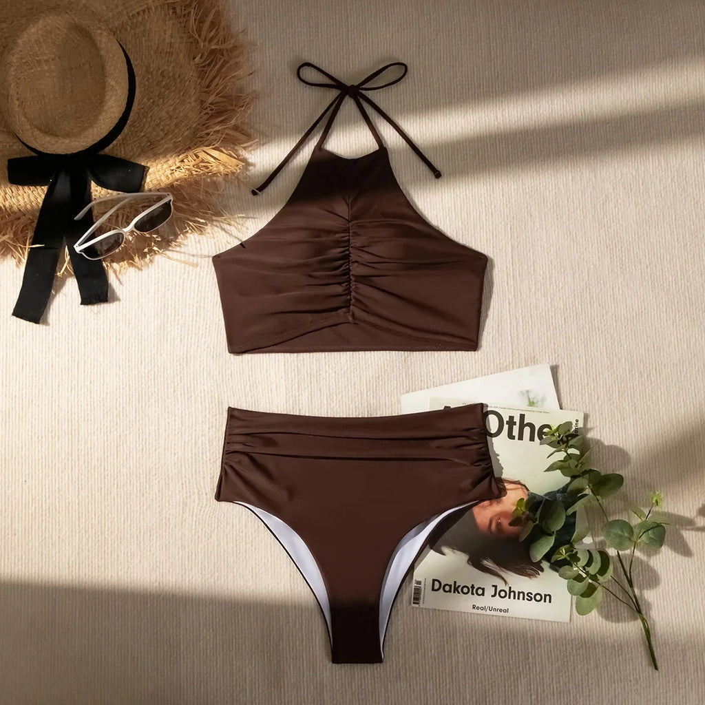 Sexy Halter Pleate Bikini Set 2025 Women Coffee Push Up Crop Top with High Waist Swimsuit Summer Holiday Bathing Suit Swimwear
