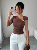 Women's Spring/Summer Trendy Sleeveless Asymmetrical Neckline Metal Decoration One-Piece Minimalist Slim Fit Casual Vest