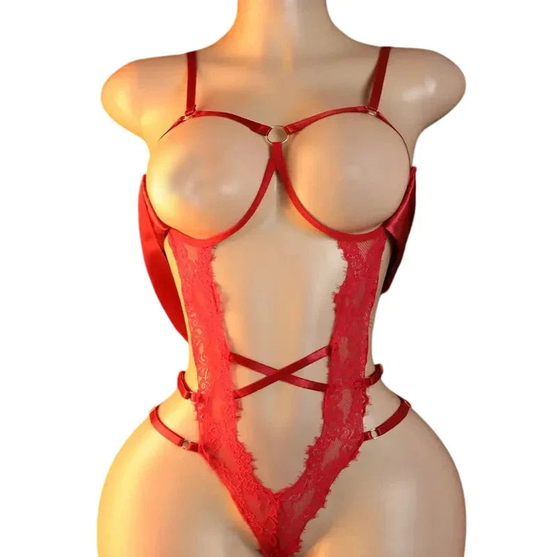 Crotchless Sexy Lingerie For Women Hot Erotic Open Bra Underwear Sexy CostumePerspective Temptation Bodysuit Lace Hollow Bra Set