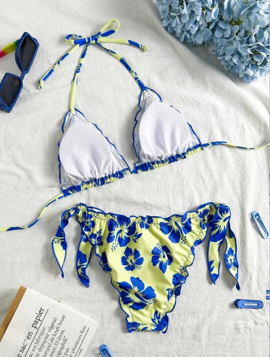 Cute Orange Floral Print Bikini Set Women Halter Ruffles Push Up Tie Side Thong Swimsuit 2026 Summer Bathing Suit Micro Swimwear