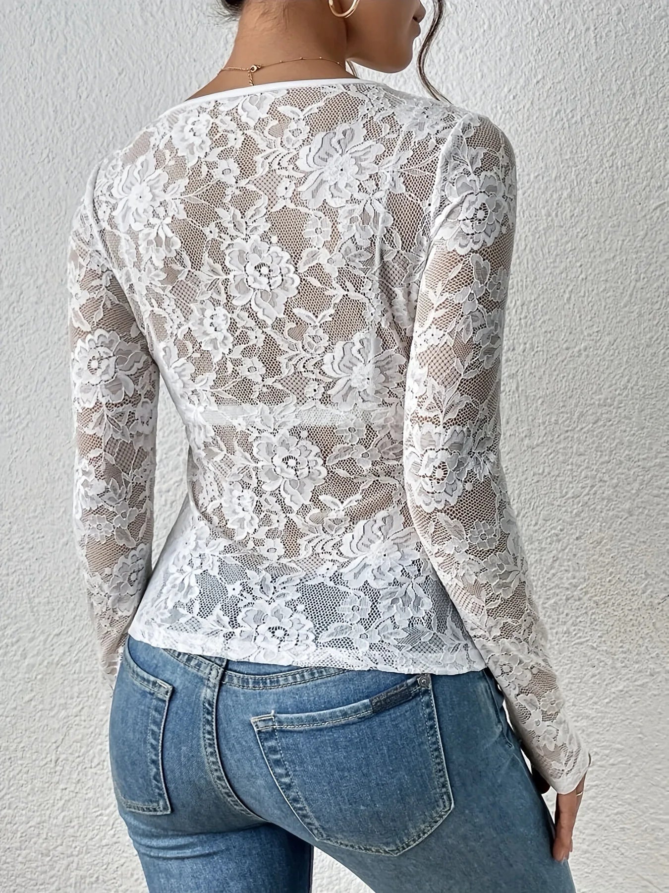 Women Sexy Base Layer Shirt Solid Black Sheer Lace Top Slim Flower Scallop Trim V Neck Long Sleeve T-shirt Trendy Tight Lace Top