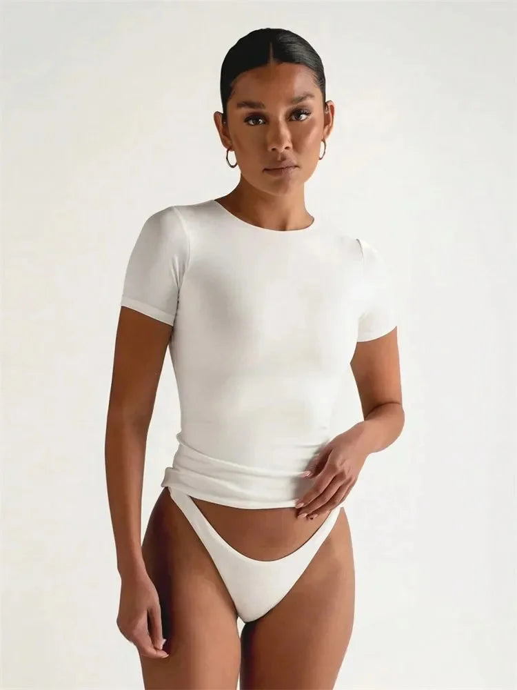 Solid Color Basic Cropped Tshirts for Women Casual Round Neck Short Sleeve Crop Top Summer Slim Fit Tee Shirt Streetwear