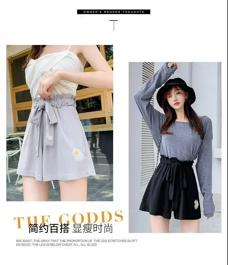 Summer Lightweight Black Casual Sports Pants Women Student Loose High-Waist Wide-Leg Shorts