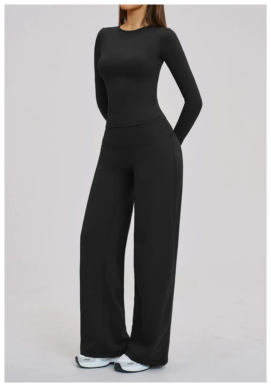 Yoga Set 2 Pieces Women Fitness Sportswear Gym Loose wide-leg pants Long-sleeved T-shirt Sports Crop Tops Tracksuit Workout Wear