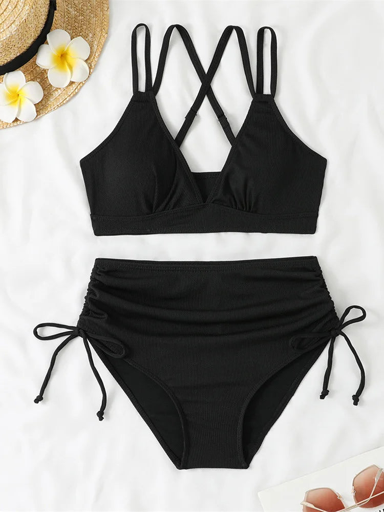 Women's Two Piece Swimsuit Black Double Strap Push Up Pleate Drawstring Side High Waist Bikini 2025 Beach Bathing Suit Swimwear