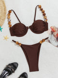 Sexy Coffee Bikini Set 2026 Women Beaded String Strap Underwire Push Up Bra Thong Swimsuit Brazilian Beach Bathing Suit Swimwear