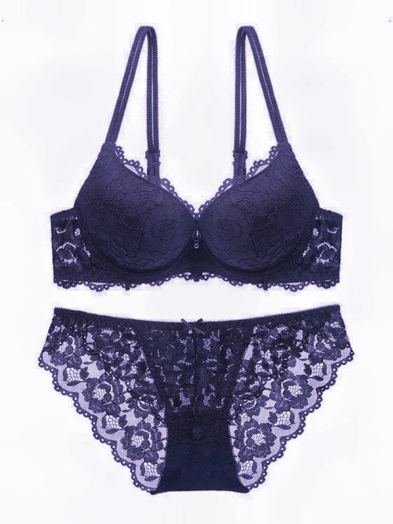 Women's Underwear Set Sexy Hollow Lace Floral Bow Padded Push up Bra Suitable for Small Busts Sexy Bras and Panties