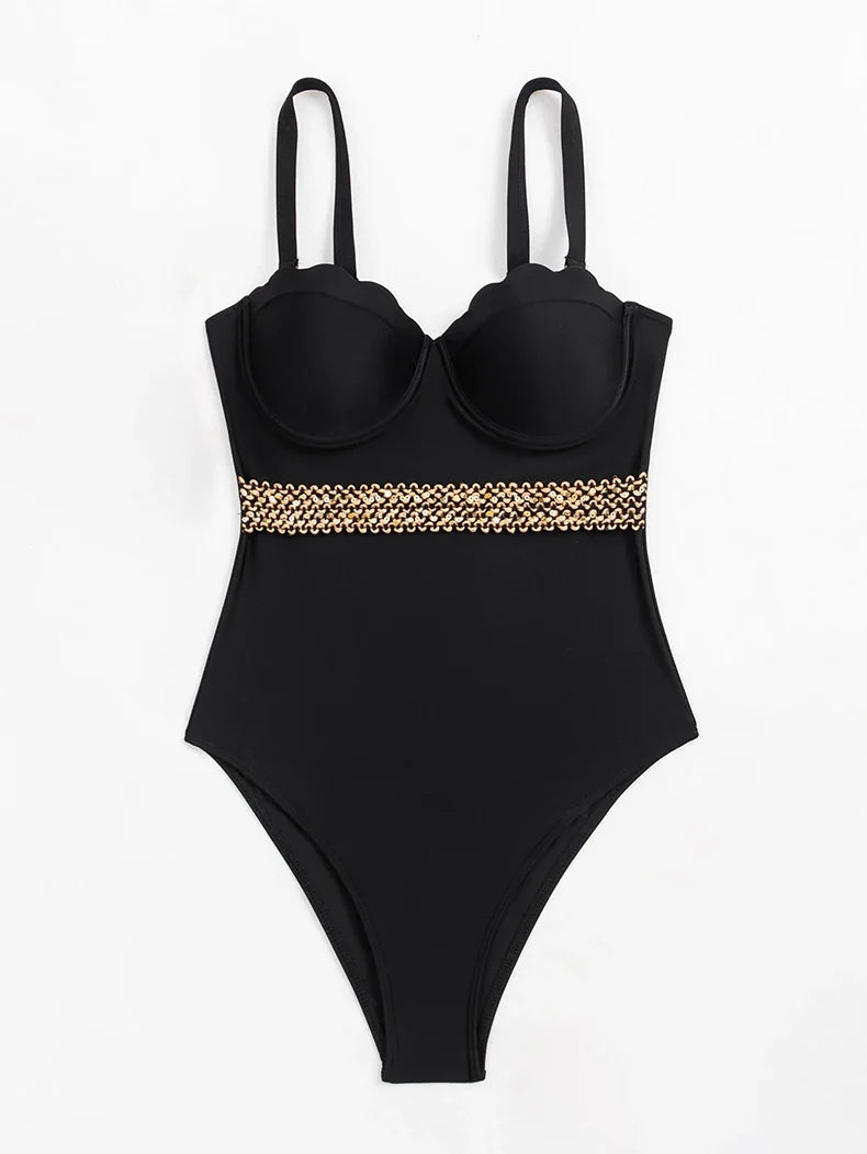 Sexy Black Knitted Patchwork One Piece Swimsuit 2026 Ruffles Push Up Underwire Slim Tummy Control Swimwear Beach Bathing Suits