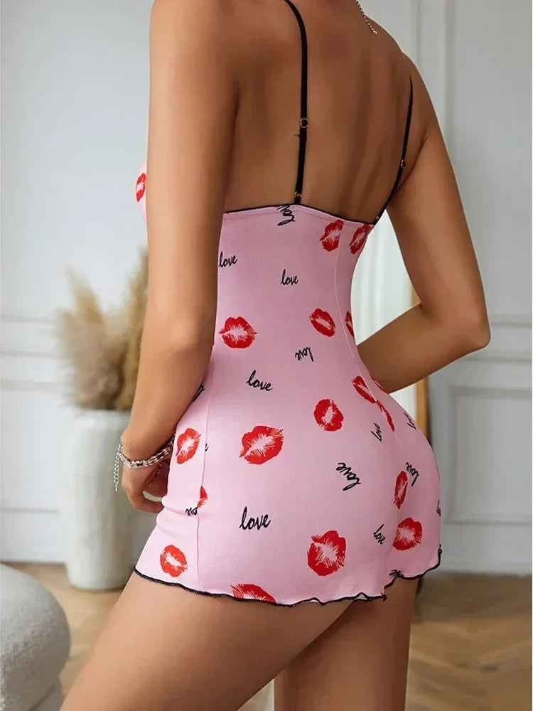 Women's Pajamas One Piece Pajamas Red Lip Printed Sleeveless Pijama Short Onesie Adults V-Neck Suspenders Funny Pajamas Bodysuit