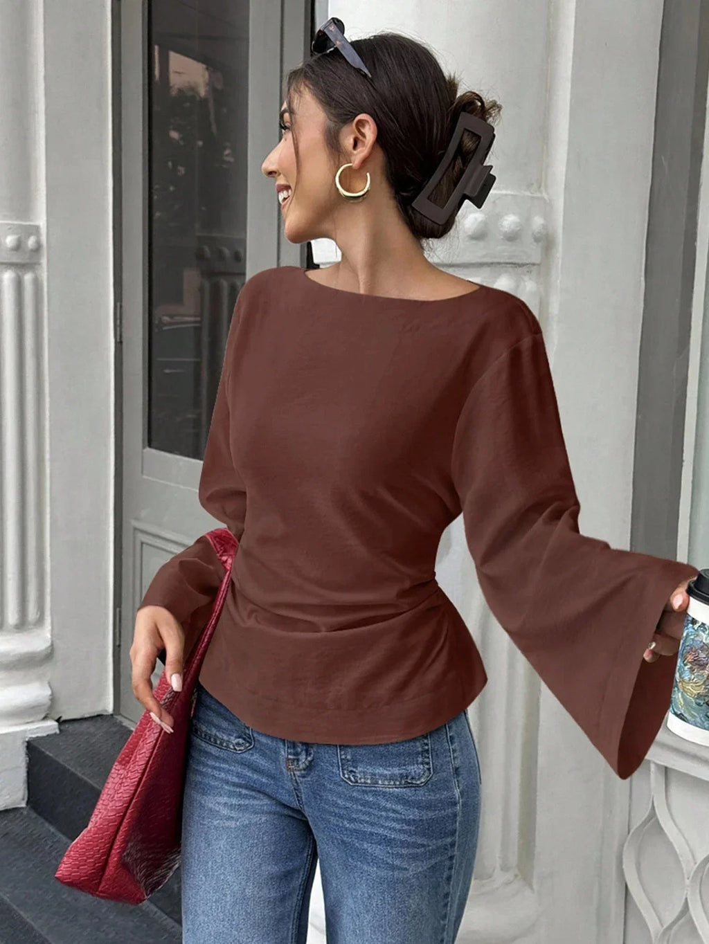 Women's Casual Solid Color Boat Neck Flare Sleeve T-Shirt Elegant Back Tie Slim Fit Long Sleeve Tops Spring/Fall
