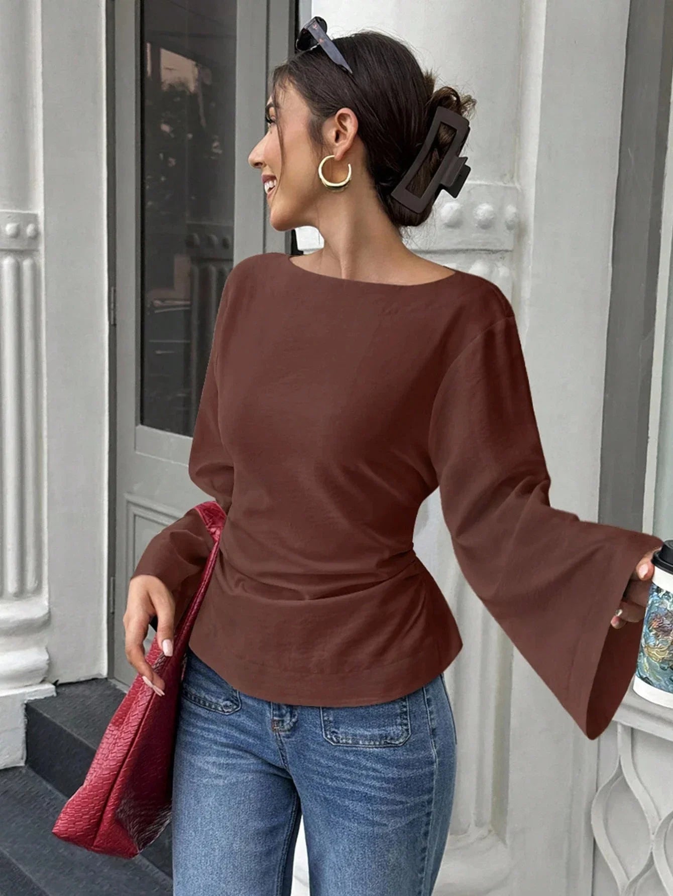 Women's Casual Solid Color Boat Neck Flare Sleeve T-Shirt Elegant Back Tie Slim Fit Long Sleeve Tops Spring/Fall