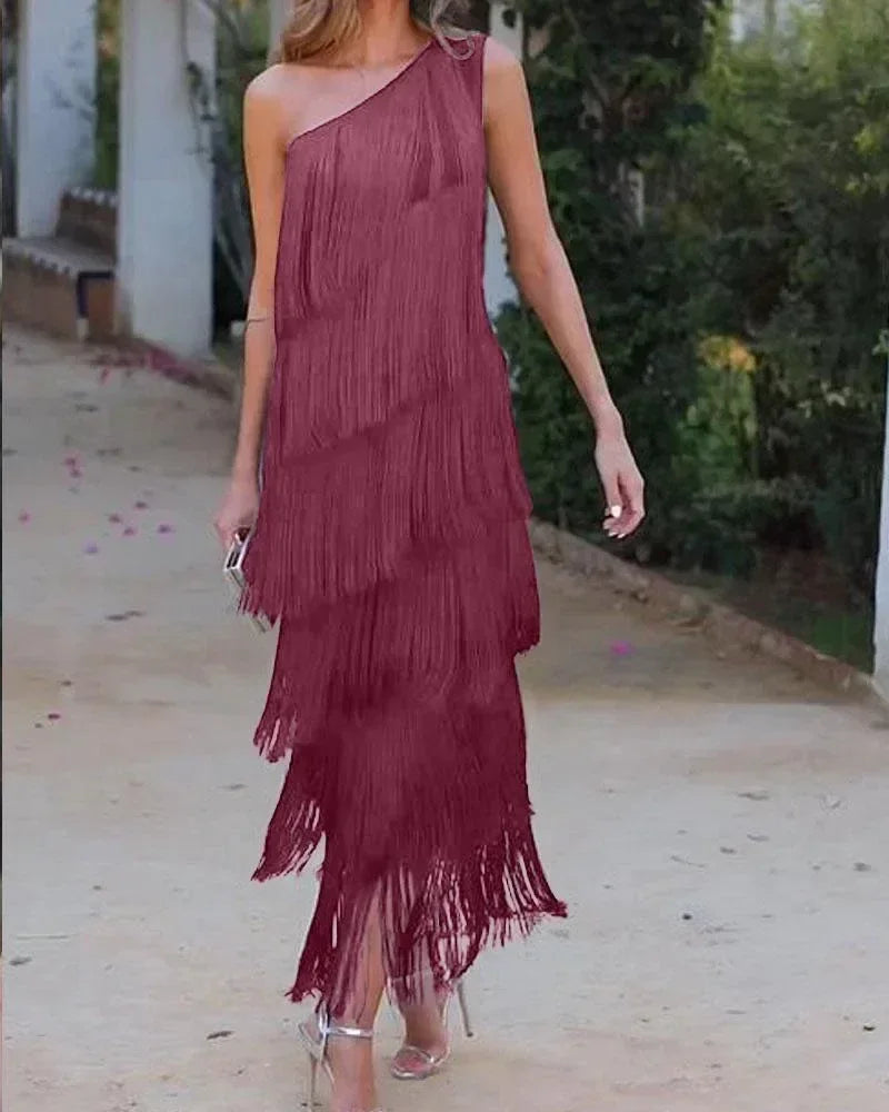 Spring and Summer New Fashion Fringed Slanted Shoulder Asymmetrical Dress for Women