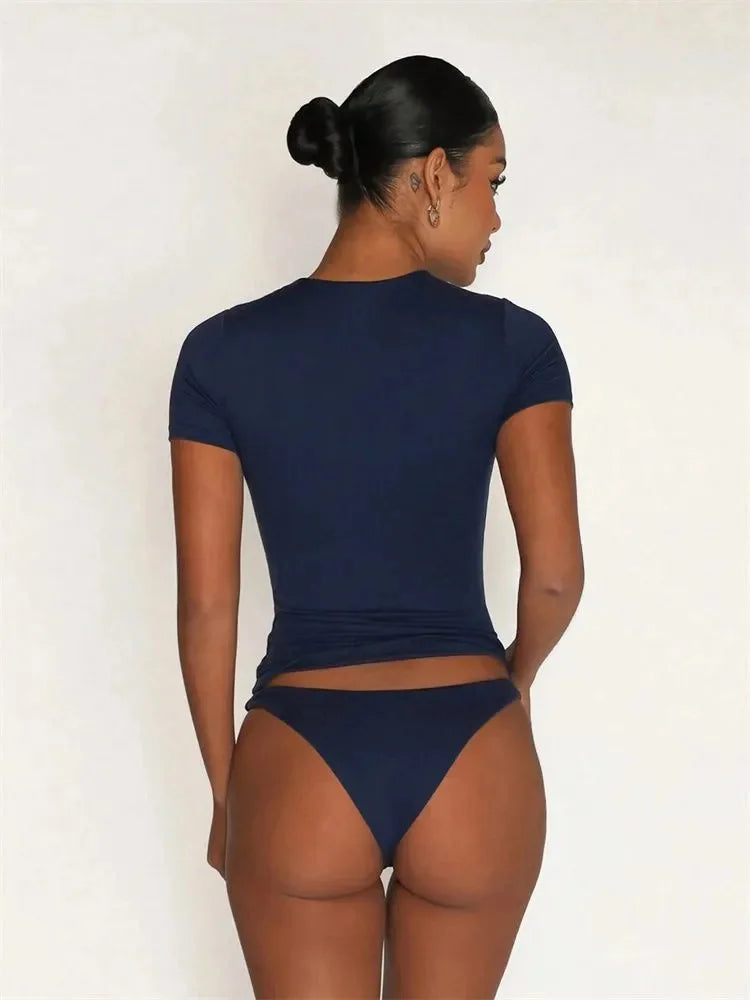 Solid Color Basic Cropped Tshirts for Women Casual Round Neck Short Sleeve Crop Top Summer Slim Fit Tee Shirt Streetwear