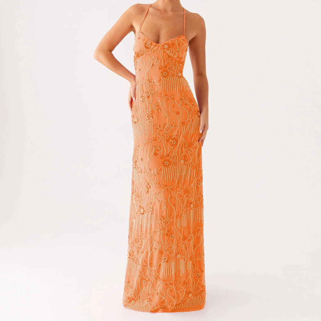 Elegant Sequin Beaded Women Maxi Dresses Flower Embroidery Sleeveless Party Cami Dress Summer Criss Cross Spaghetti Strap Dress