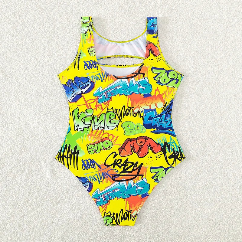 Vintage Yellow Abstract Print One Piece Swimsuit 2024 Women Hollow Out Holiday Bathing Suit Tummy Control Swimwear Beachwear