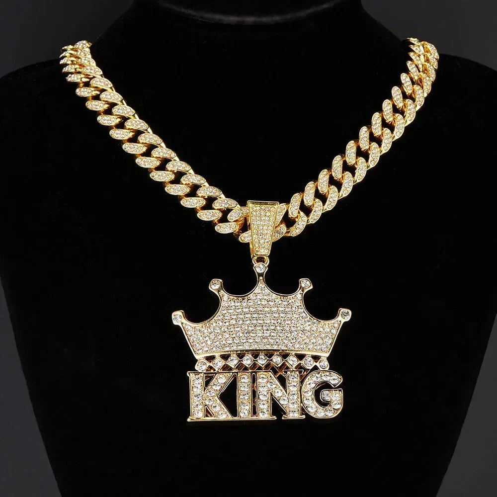 Men Hip Hop Crown with King Pendant Necklace with 13mm Crystal Cuban Chain HipHop Iced Out Bling Necklaces Fashion Charm Jewelry