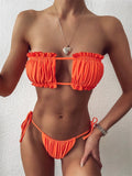 Elegant Purple Swimwear Women Sexy Off Shoulder Pleate Bikini Bandeau Hollow Out Lace-Up Push Up Bathing Suit Thong Swimsuit