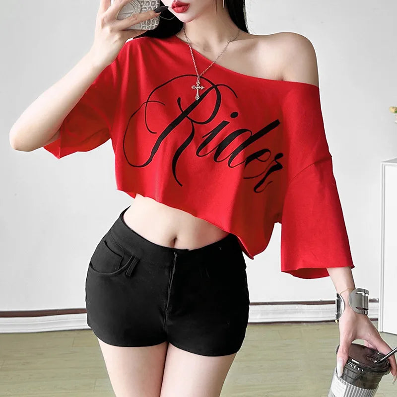 Letter Print Oversized Tees Women Skew Collar Off Shoulders Short Sleeves T-shirt Irregular Hem Hip-hop Style Trend Crop Tops