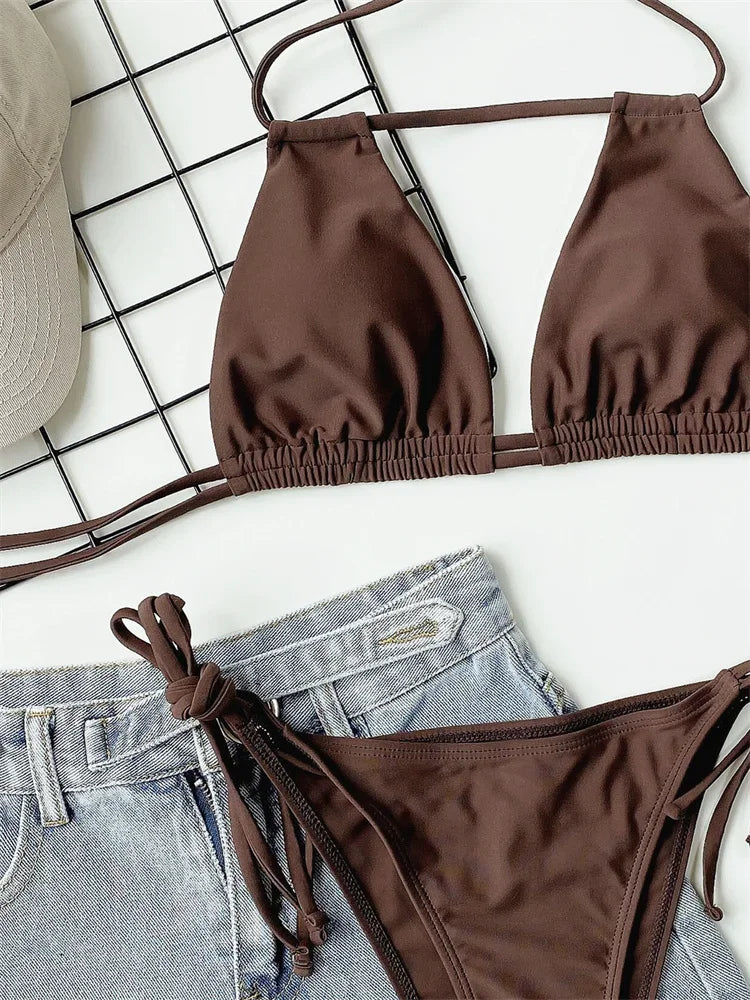Sexy Bikini 2024 Women Black Brown Halter Hollow Out Push Up Micro Swimsuit Brazilian Bathing Suit Tie Side Triangle Swimwear