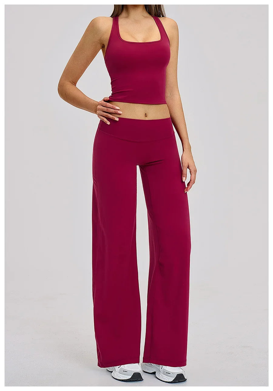 2 Piece Yoga Clothes Women Tracksuit Athletic Wear Pilates Fitness Suit Gym Workout Sets Push Up Sports Vest Wide Leg Pant Suit