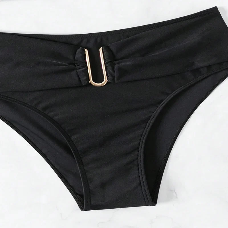 Solid Color High Waist Two Piece Swimsuit for Women U-neck Suspender Backless Bikini Set Beach Vacation Bathing Suit 2025 New