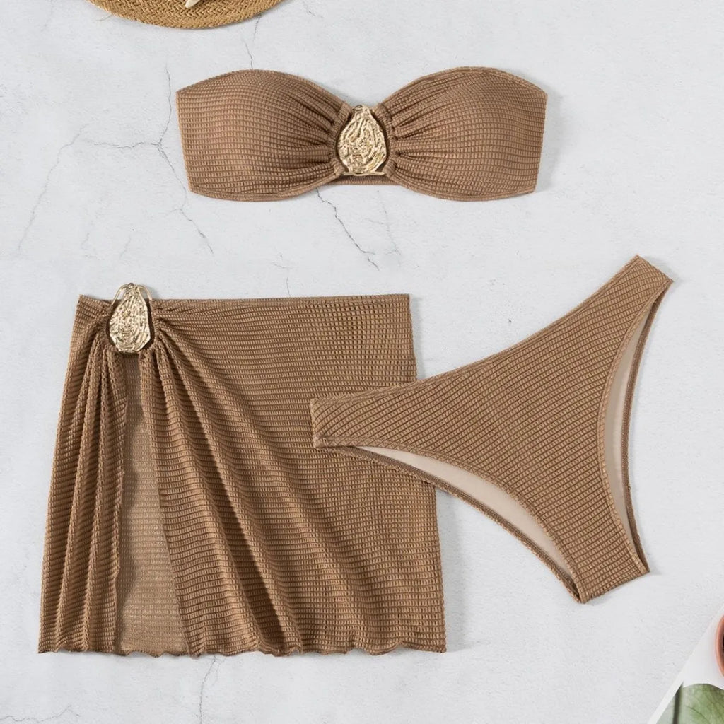 2026 New Sexy Bandeau Bikini Women Metal Water Droplet Ornament Push Up Mesh Skirt 3 Piece Swimsuit Beach Bathing Suit Swimwear
