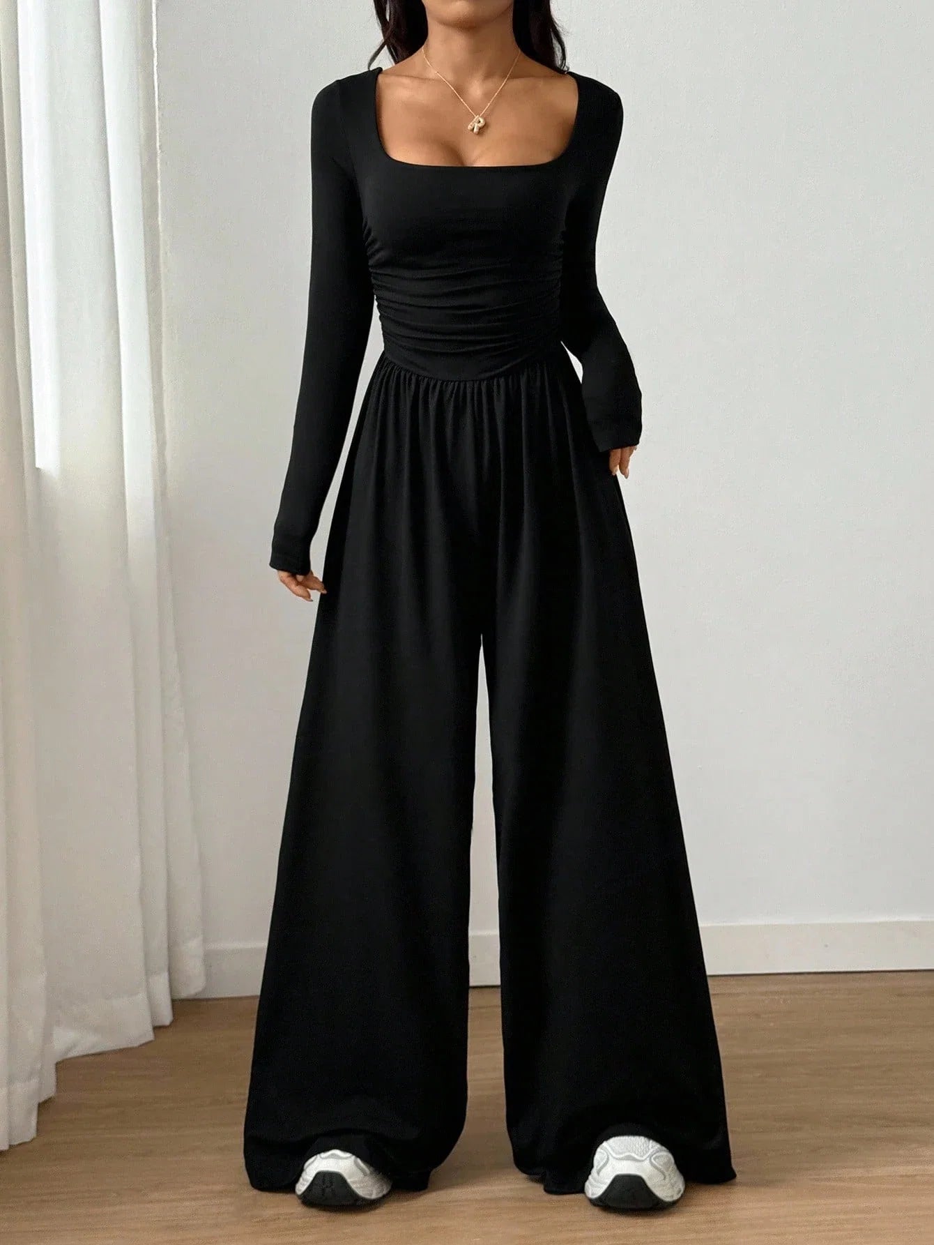 Women's Casual Solid Color Square Neck Long Sleeve A-Line Jumpsuit Pleating Wide Leg Loose Mopping Jumpsuit Spring/Fall 2026